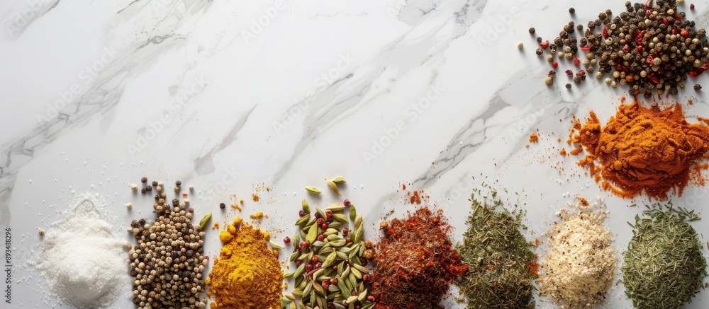 Poster Top view of various spices displayed on a white marble surface with room for text Copy space image