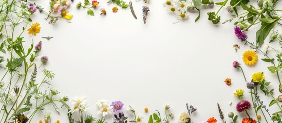 Fototapeta premium Round frame wreath of spring wildflowers on white background top view flat lay with copy space image