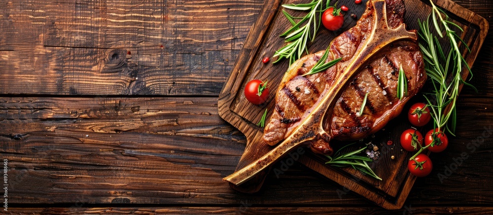Aufkleber top view of a fresh tender t bone steak on a wooden cutting board set for a bbq against an old dark 