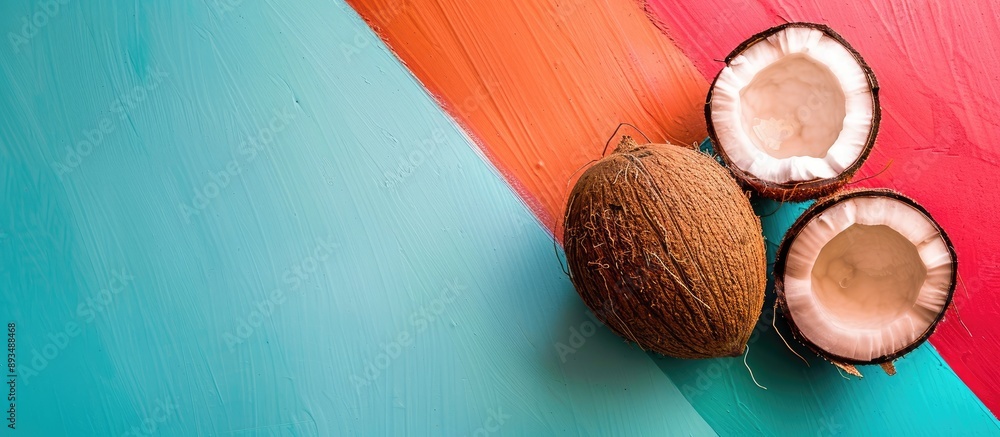 Poster An overhead view of a cracked coconut on a colorful backdrop with copy space image