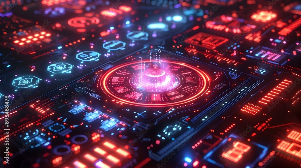 Poster high tech digital display with holographic elements and interactive interfaces cyber background conc