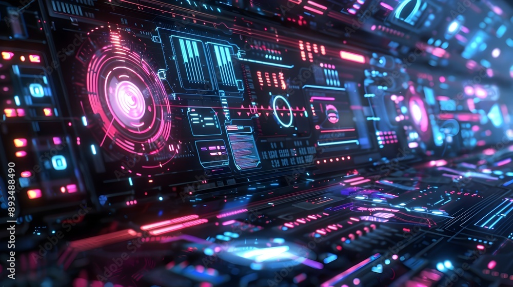 Poster high tech digital display with holographic interfaces and cyber background elements