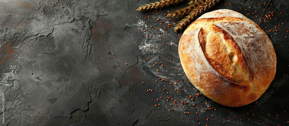Poster a rustic image with a fresh white bread french bun made of wheat flour on a table suitable for a mea