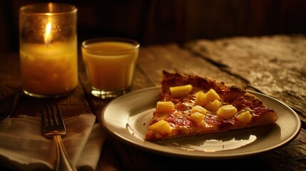 slice of fresh pineapple pizza closeup view