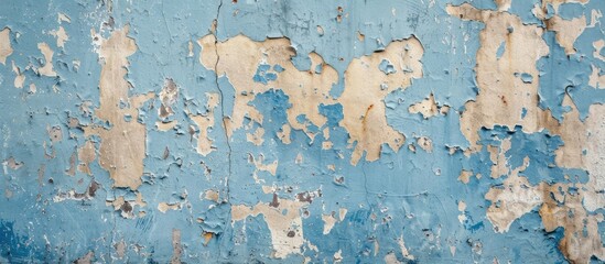 Urban grungy background with a blue plastered wall showing damp and peeling paint perfect for copy space image
