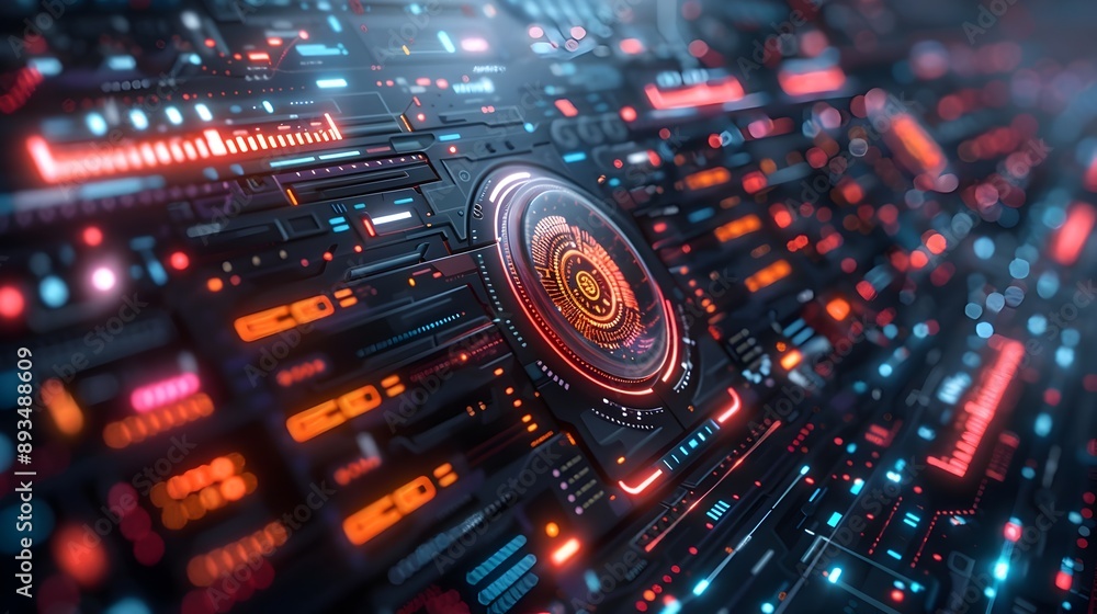 Poster high tech digital display with holographic elements and interactive cyber background concept