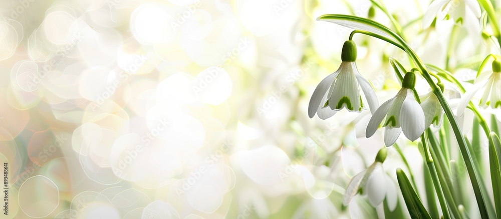Poster Snowdrop flower on a white backdrop with bokeh blur for copy space image