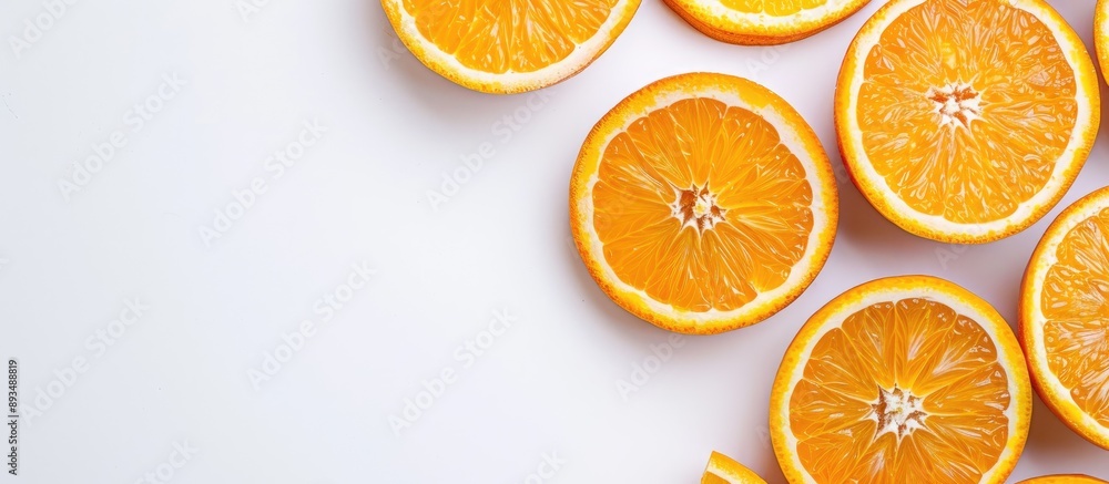 Poster Isolated on a white background vibrant orange halves with a lot of juice visible providing an ideal copy space image