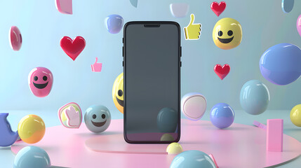 3D render of a black smartphone with blank screen, vibrant notifications and emoticons floating around