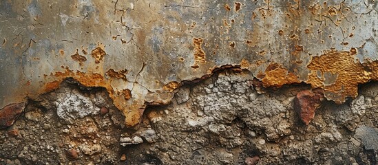 Abstract horizontal image featuring a textured surface of cement and rock with unique brown spots offering copy space