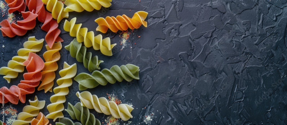 Poster Colorful pasta on a dark surface seen from above with space for adding text or other elements in the picture. copy space available