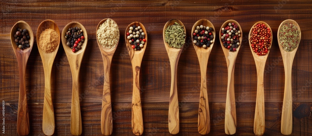 Poster An array of spices displayed on wooden spoons in a copy space image showcasing diverse food ingredients