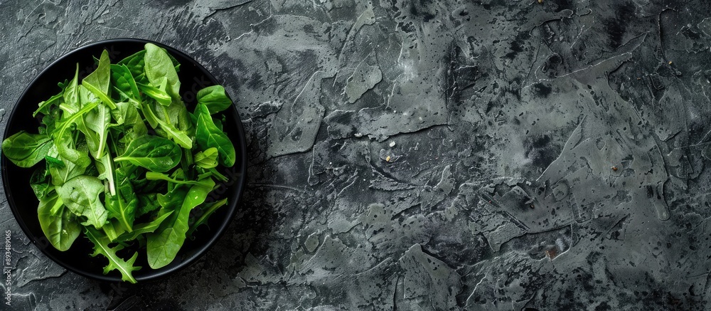 Poster Top view of salad leaves mixed in a black bowl set against a backdrop of dark slate stone or concrete with an empty space for additional content in the image