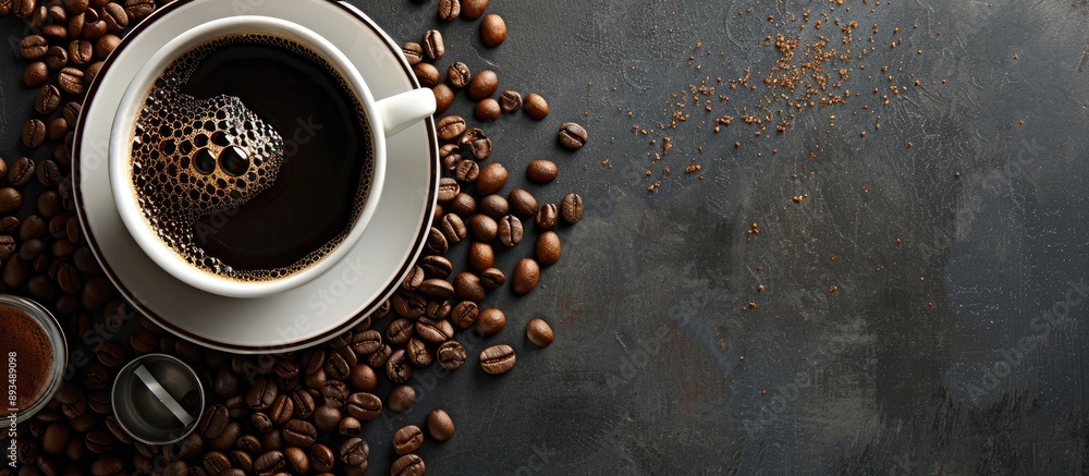 Poster coffee cup with black coffee on a backdrop of coffee beans and various accessories in a composition 