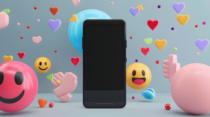 Black smartphone with blank screen in 3D render surrounded by colorful and lively notifications and emoticons