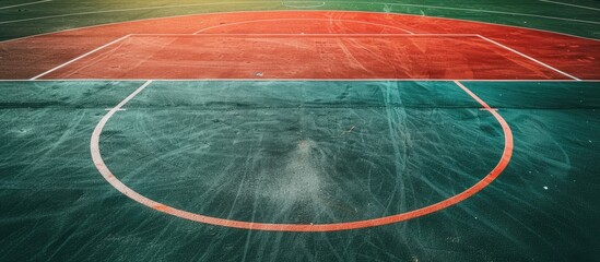 Sports field background with a game court featuring a central circle for various sports like football and basketball ideal for a copy space image