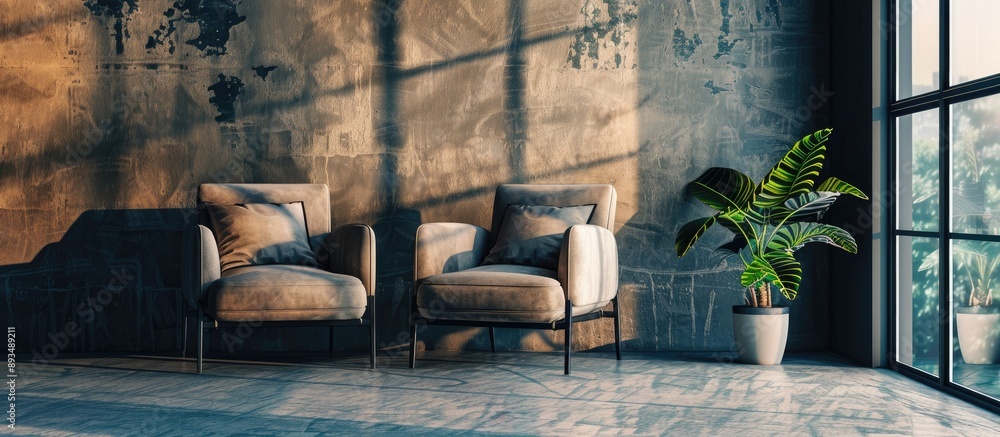 Poster modern apartment design featuring two armchairs with copy space image unoccupied
