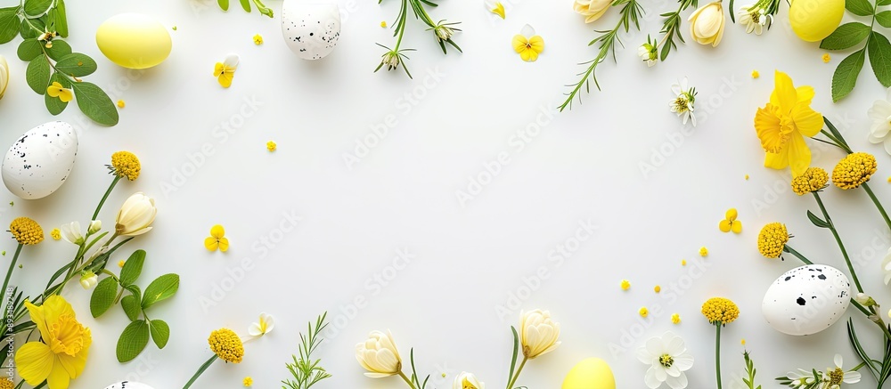 Poster easter greetings with a frame composed of yellow flowers green leaves and eggs on a white background