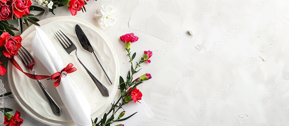 Aufkleber white table set with cutlery carnation flowers and an invitation card with copy space image