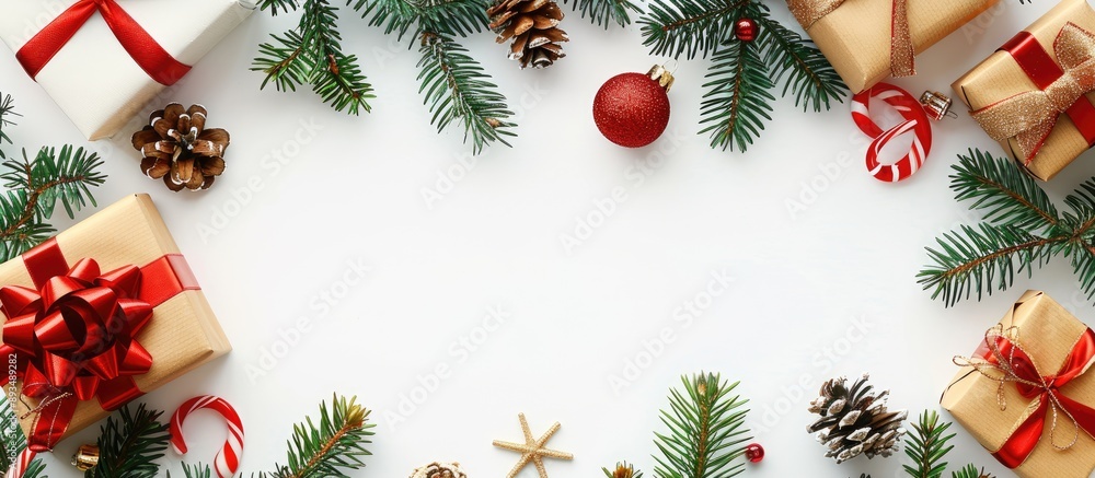 Fototapete Top view of a festive Christmas background featuring tree branches decorations gift boxes with ribbons on a white background perfect for adding text with copy space image