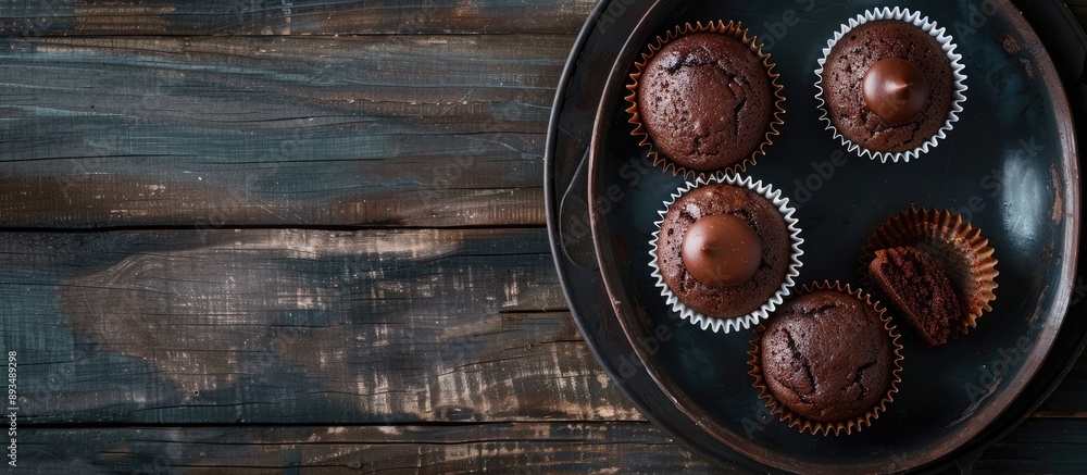 Poster A homemade chocolate cupcake in a baking paper wrapper beside empty wrappers presented on a dark plate against a wooden background in a top view setting with copy space image