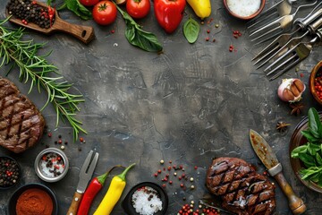 Grilled beef steaks lying on dark stone background with vegetables and spices forming a frame