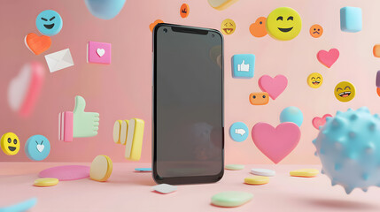 3D rendered black smartphone with blank screen, colorful pop-up notifications and emoticons floating around