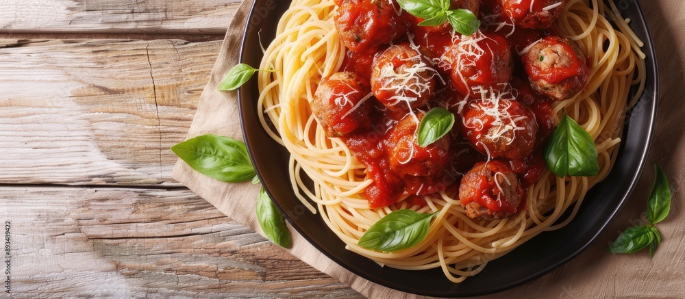 Aufkleber Overhead view of beef meatballs with spaghetti and tomato sauce on a plate with copy space image available