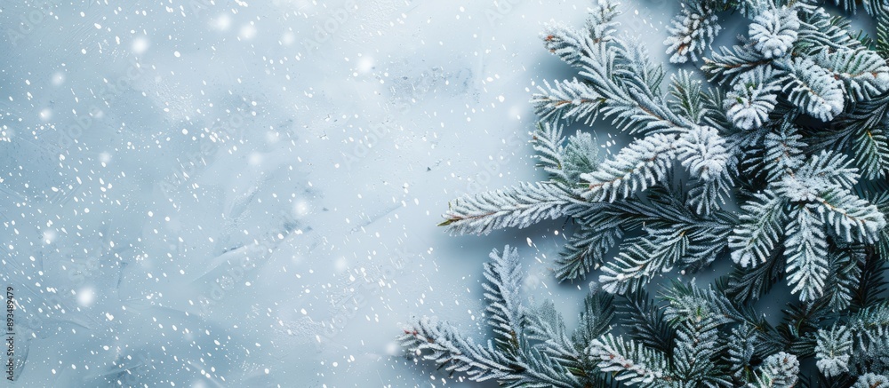 Poster Top view of a snow covered spruce tree on a Christmas themed background with ample copy space image