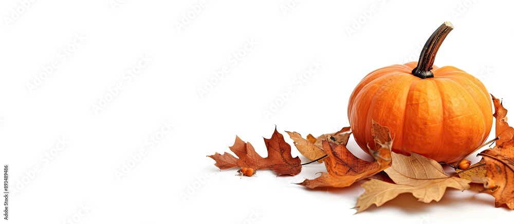 Leinwandbilder a small orange pumpkin with oak leaves on a white background providing copy space image for text cre