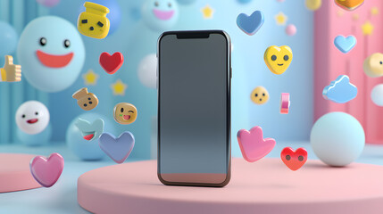 Black smartphone in 3D render with blank screen surrounded by lively and colorful notifications and emoticons