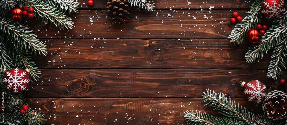 Fototapete Top view of a Christmas themed wooden background featuring a snow dusted fir tree and decorations creating space for your text within the image. copy space available