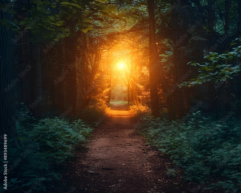 Wall mural sunlit forest path symbolizing guidance and new journeys of embracing the energy of fresh beginnings