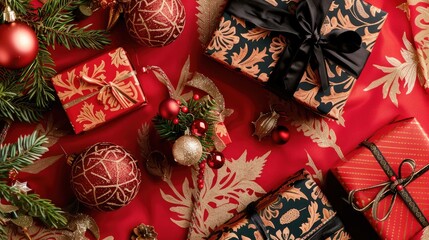 Chic tree decorations and artisanal gift boxes arranged with holiday ornaments on a red surface
