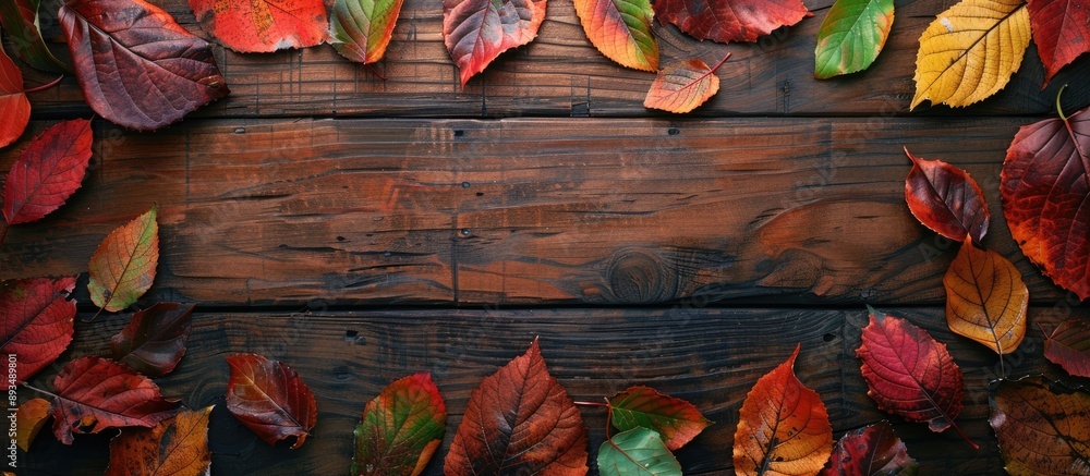 Poster Top down view of a wooden table adorned with autumn leaves in red orange green brown and yellow hues creating a fall themed backdrop with room for a copy space image