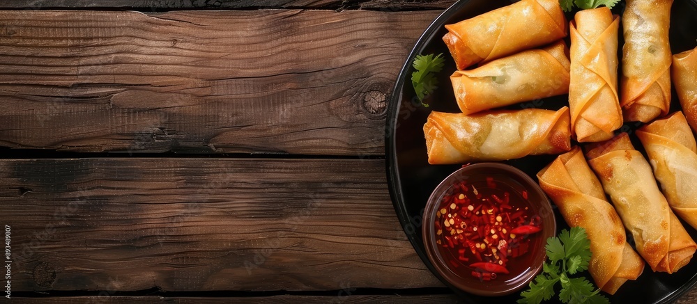 Poster focused photography of chinese spring rolls with sweet chili sauce on a wooden table with space for 