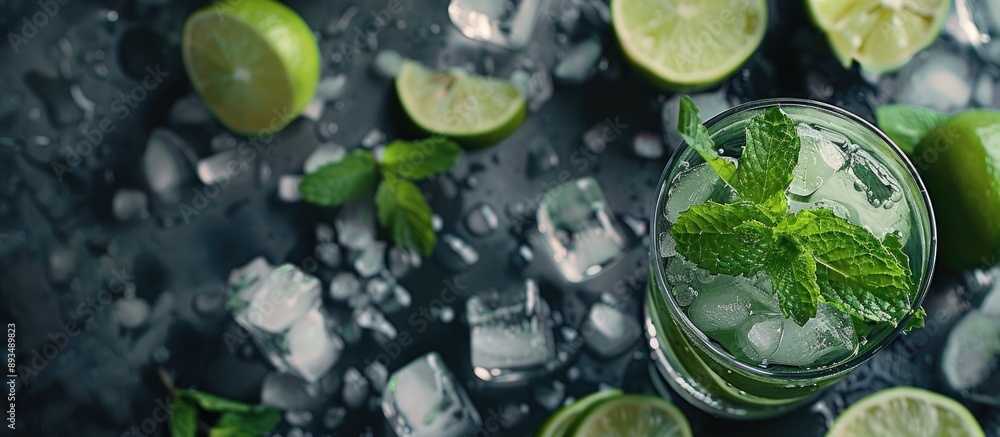 Poster An aerial view of a refreshing mojito cocktail with rum lime soda and mint as a garnish in a copy space image