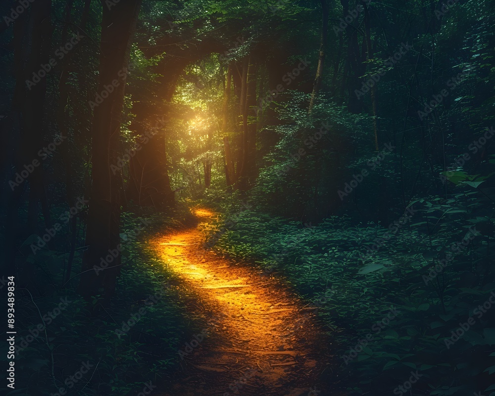 Poster illuminated forest path symbolizing new journeys and guidance