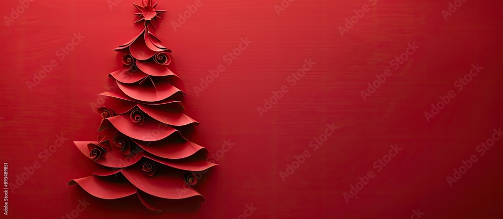 Aufkleber top view of a christmas tree silhouette crafted from red paper decorations with an empty space for i