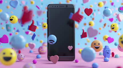 3D illustration of a black smartphone with blank screen and colorful floating notifications and emoticons