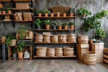 Fototapeta premium A variety of green plants and eco-friendly products, including potted plants, baskets, and sustainable items, neatly displayed on shelves against a modern background.