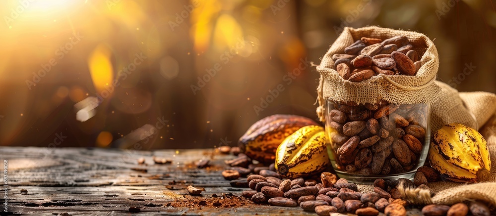 Poster raw cocoa concept displayed with cocoa beans in a glass container next to cocoa fruits on a sack and