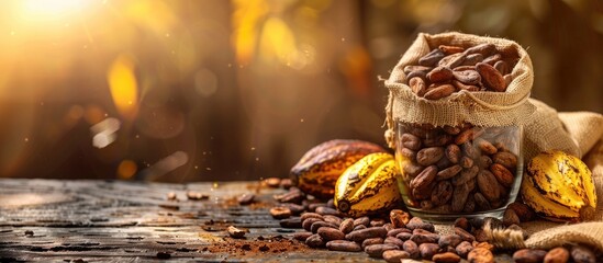 Raw cocoa concept displayed with cocoa beans in a glass container next to cocoa fruits on a sack and wooden table providing a visually appealing copy space image