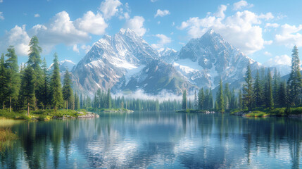 Fototapeta premium River view with snow-capped mountains in the background