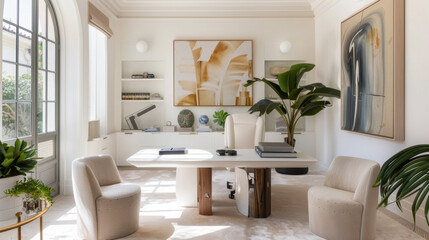 interior design photography, contemporary fashion editor office photo for architectural digest, natural textures, marble and fibers