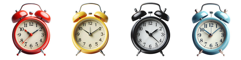 classic alarm clock in different colors: black, red, yellow, blue