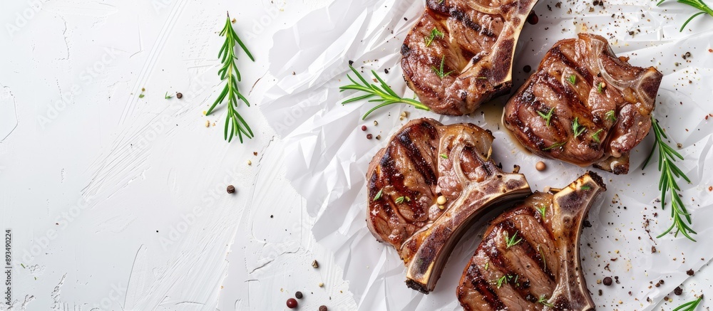 Poster a bbq grilled mutton fillet chop diced lamb meat on a white background with copy space image