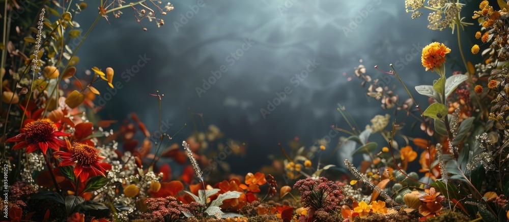 Poster frame of deceased plants and flowers in autumn setting with copy space image
