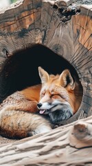 A red fox rests inside a hollow log during the day, with its eyes closed and its tongue sticking out