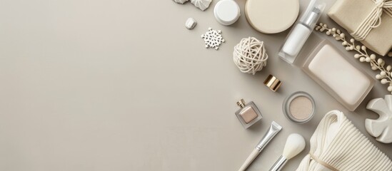 Top view of a flat lay with a set of women s accessories and cosmetic items arranged neatly ideal as a gift cocktail display including copy space image